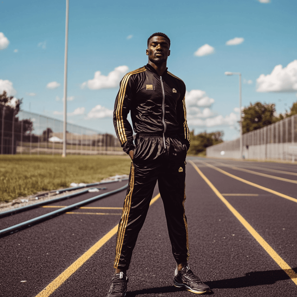 Person in a black tracksuit standing confidently on an outdoor running track under a clear blue sky.