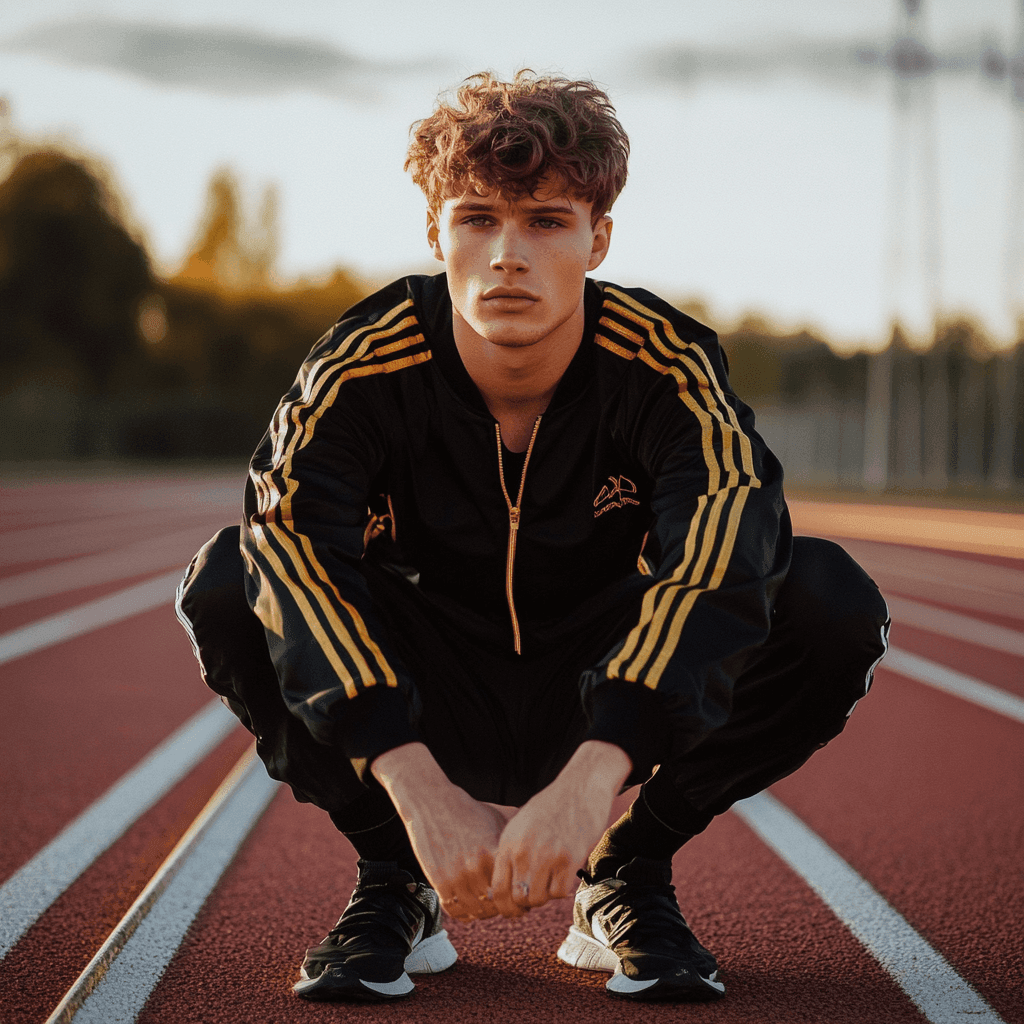 Person in a black and yellow tracksuit squatting on a running track at sunset.