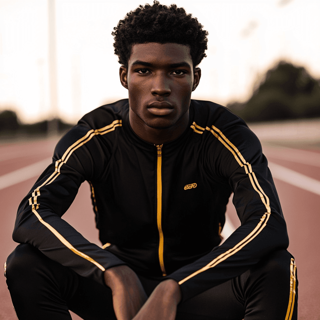 A person wearing a black tracksuit with yellow stripes sitting on a running track at sunset.