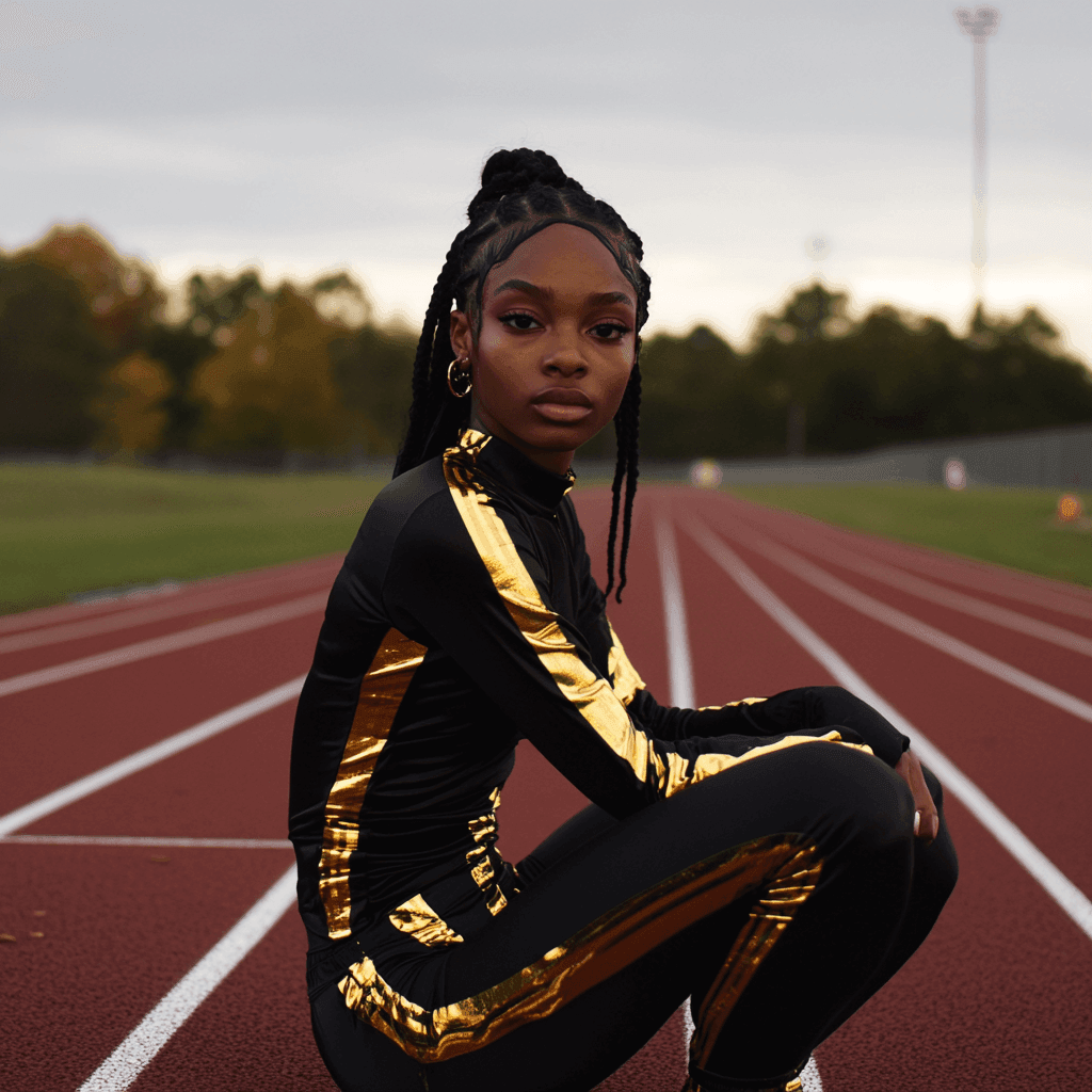 Person in black and gold athletic outfit crouching on a running track with trees in the background.