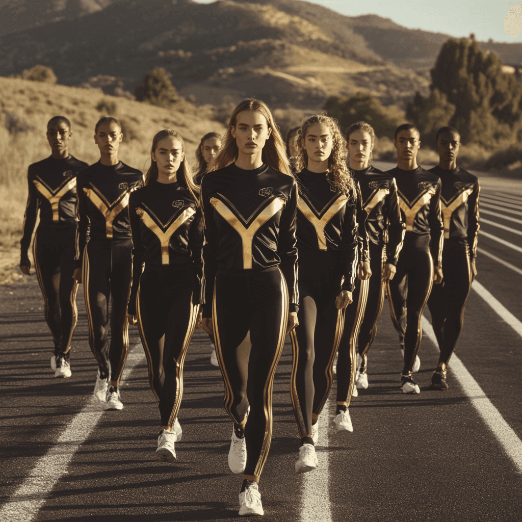 Group of athletes in matching uniforms walking in formation on a track with mountainous scenery in the background.