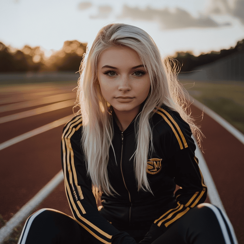 Young woman with blonde hair in a track suit sitting on a running track during sunset.