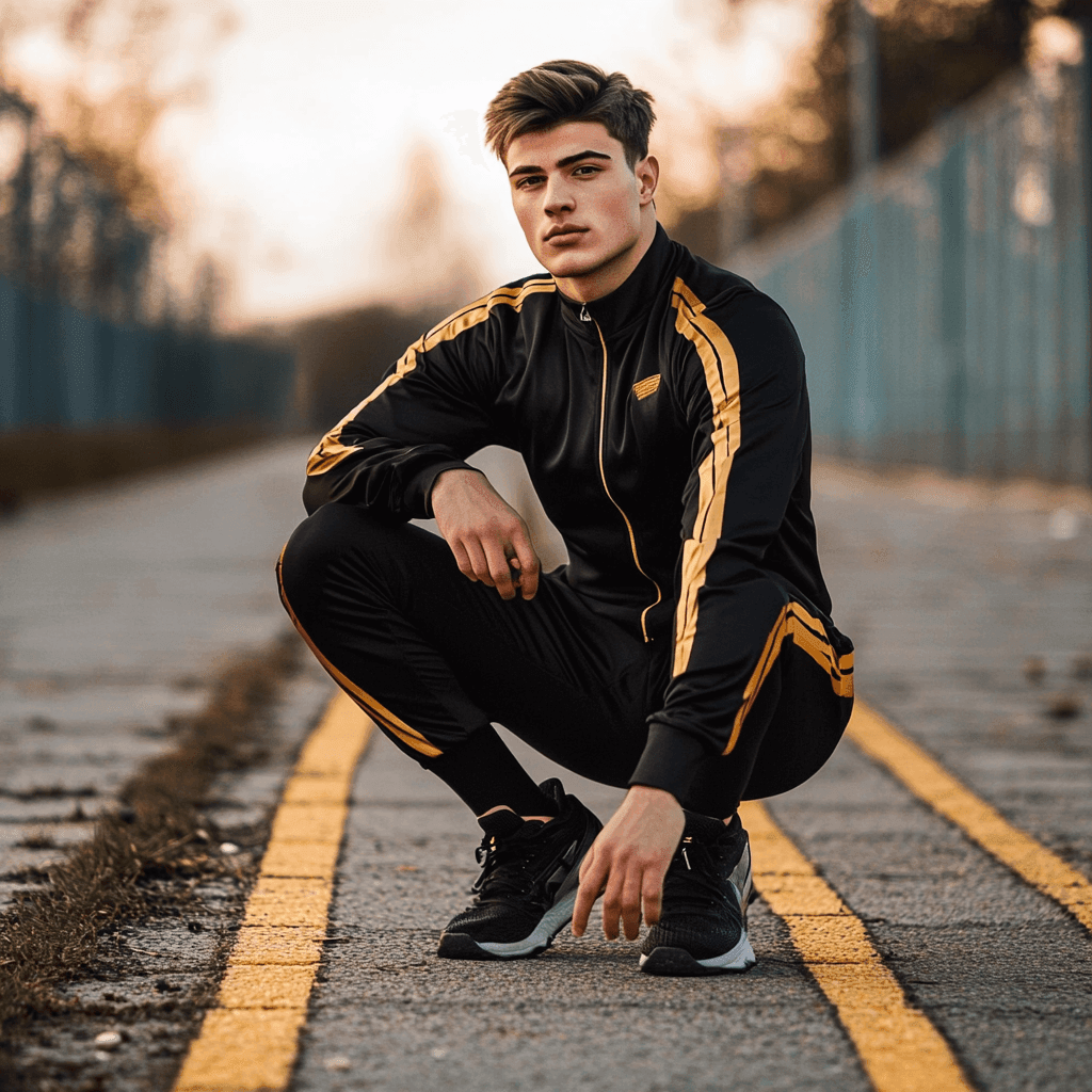 Person squatting on a road wearing a black tracksuit with yellow stripes, with blurred background.