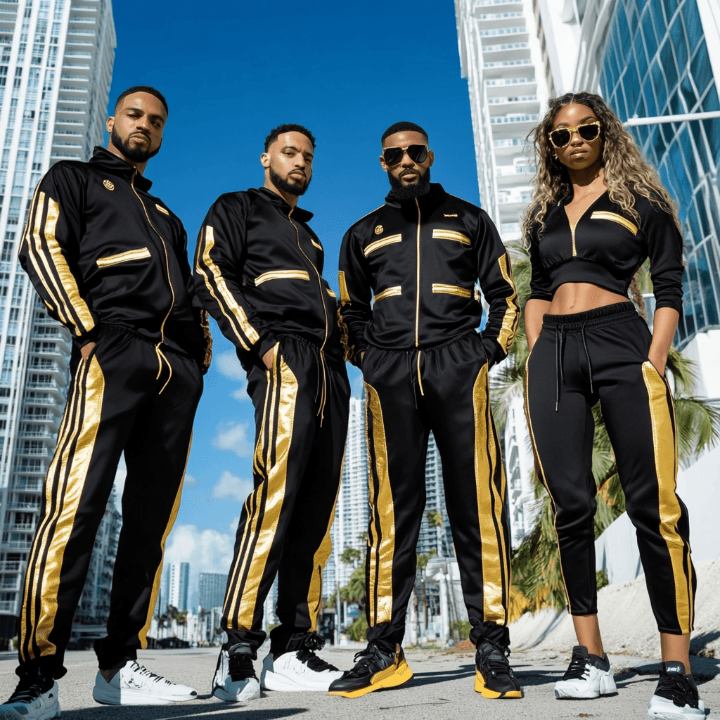 Four people in matching black and gold athletic outfits pose confidently in an urban setting with skyscrapers.