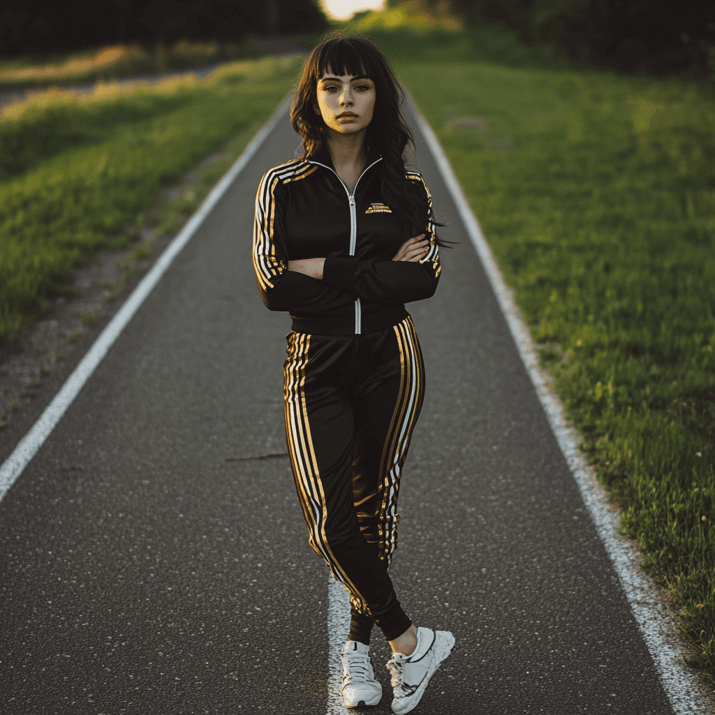 Woman in black and gold tracksuit standing on a paved path surrounded by greenery at sunset.